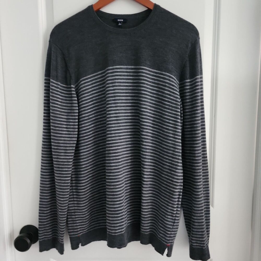 Benson Sweater Mens Large Gray Striped Pullover 100% Wool Lightweight Jumper